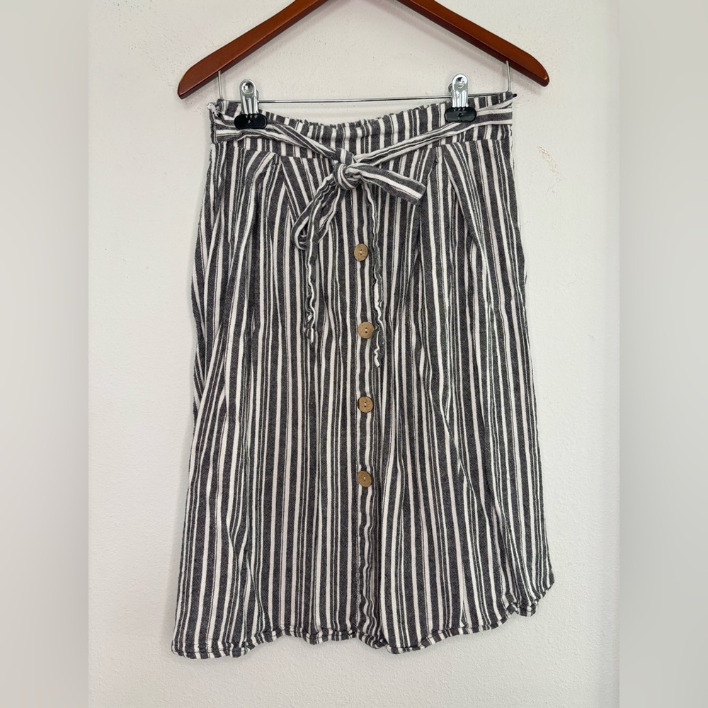 SEE YOU MONDAY LINEN BLEND BUTTON FRONT PINSTRIPED TIE WAIST MIDI SKIRT SZ XL